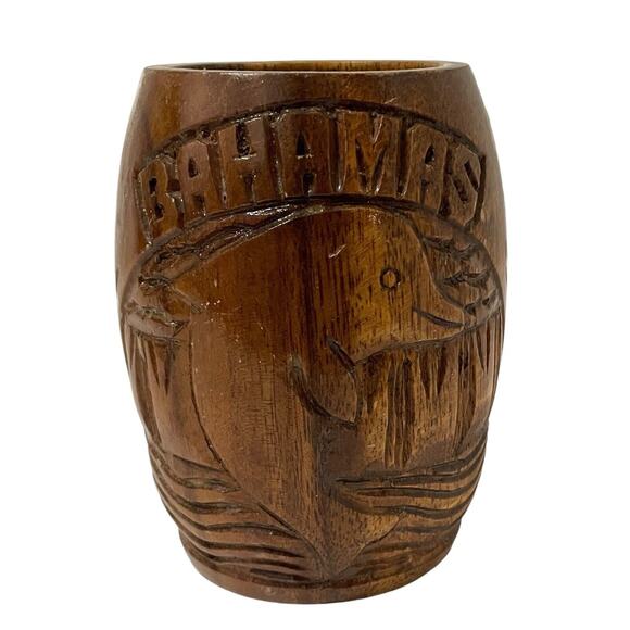 other Other - Vintage Wood Mug Hand Carved Dolphin Wooden Cup Tribal Tiki With Handle Bahamas